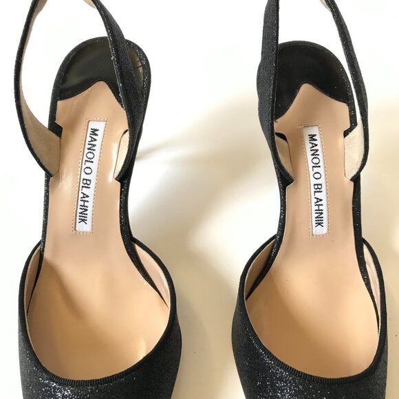 NIB NEW Manolo Blahnik Carolyne 70 Glitter Shoes Womens 37.5 Black Slingback 7.5 - Picture 4 of 14